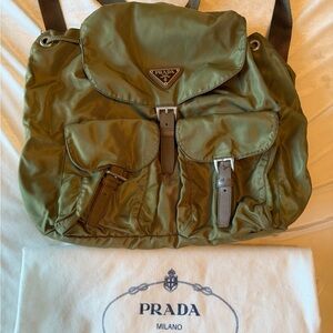 Auth Prada Khaki Green Backpack, taupe leather accents, dust bag